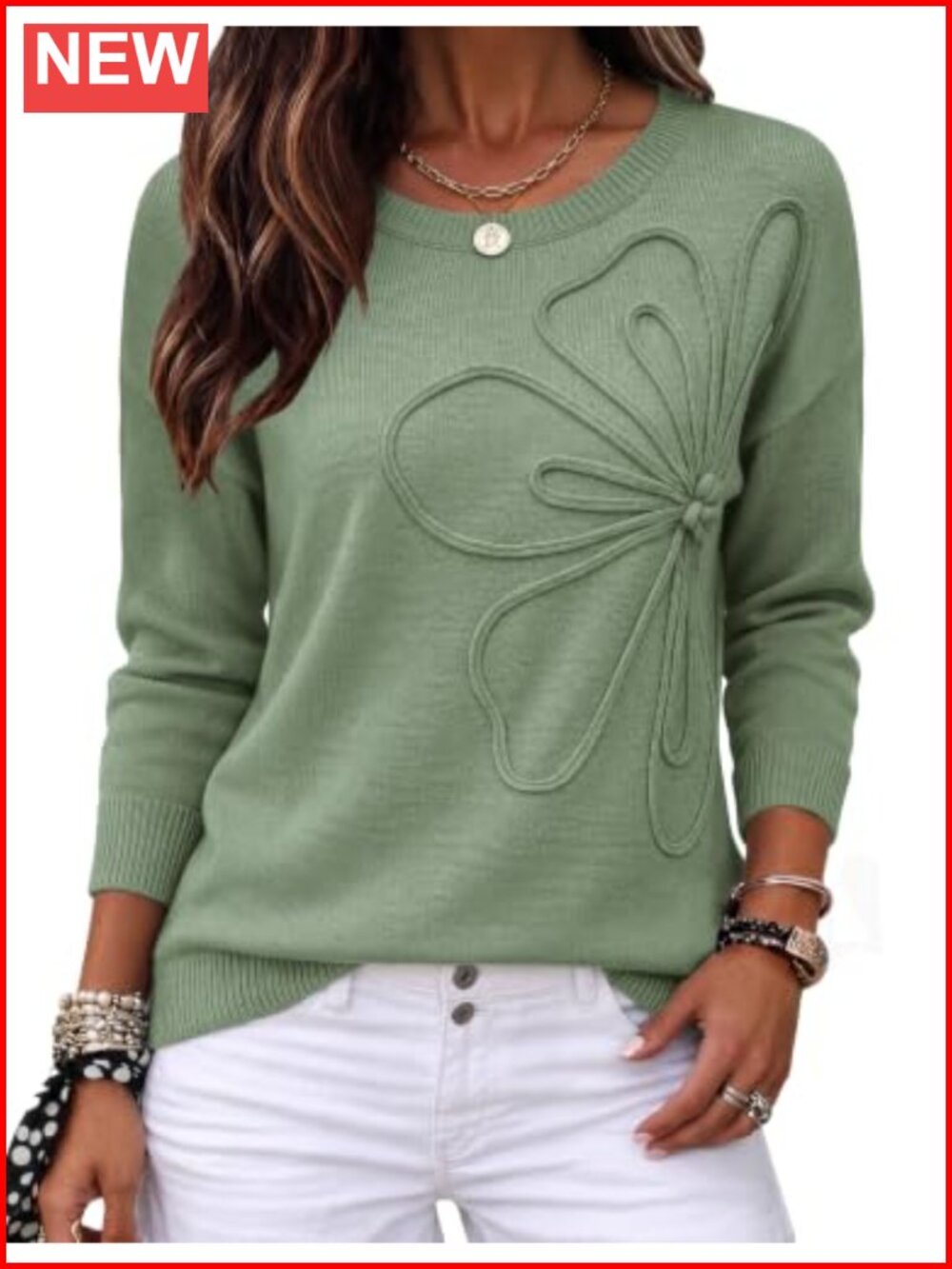 3D Floral Applique Crewneck Long Sleeve Pullover Sweater